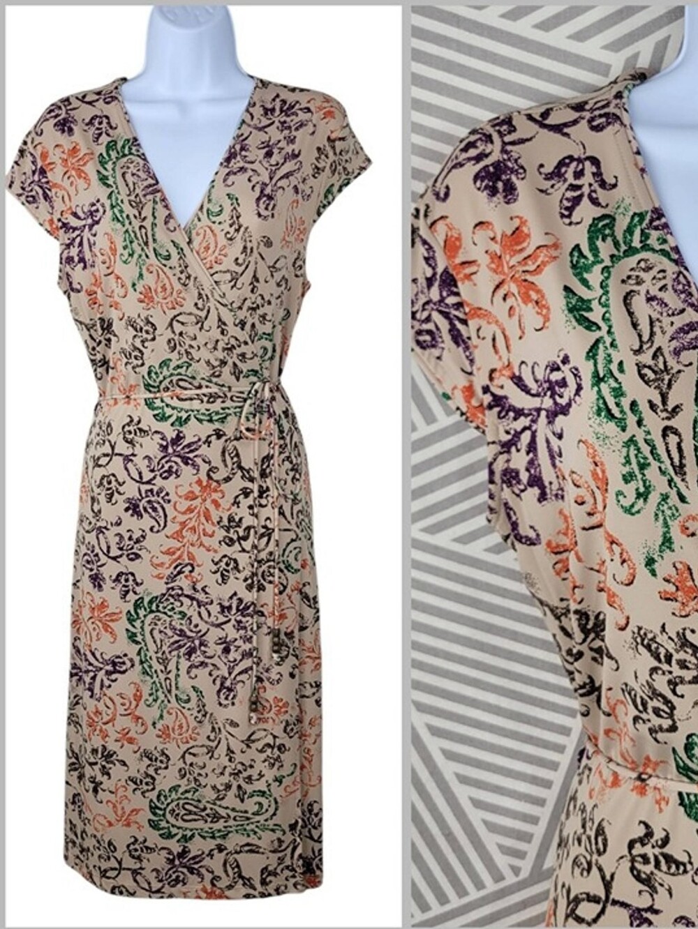Apostrophe Beige Paisley Wrap Dress with Green Orange and Purple Accents